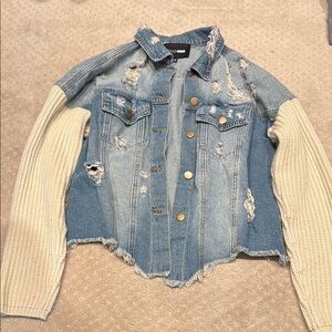 Fashion Nova Denim&Co Blue Distressed Jacket with Cream Sleeves XS